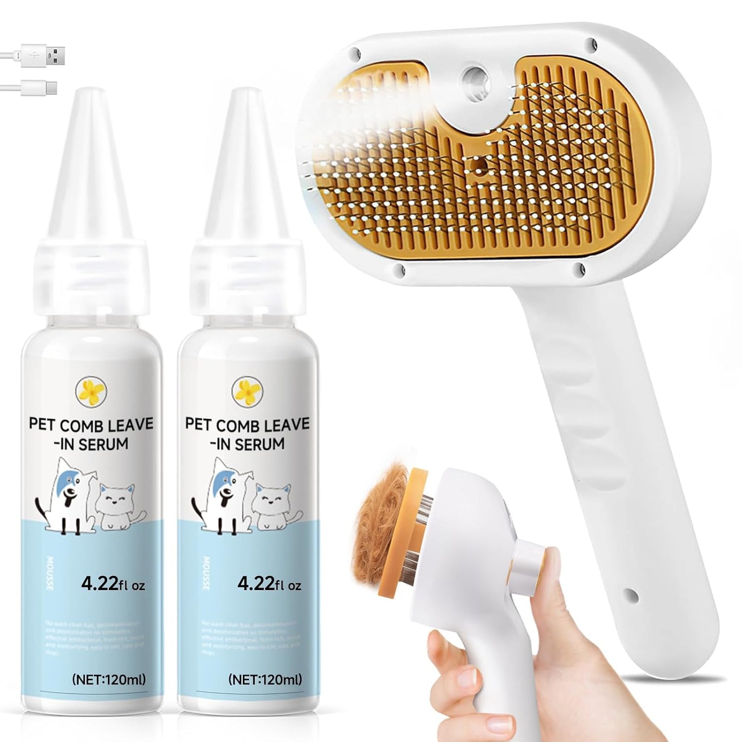 Pet Steam Brush for Dog & Cat – 3-In-1 Spray Hair Removal Comb for Shedding & Grooming, Softens Fur & Reduces Static – Water Brush for Long & Short Coats, Bath-Hating Pets, Includes Waterless Shampoo