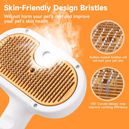 Pet Steam Brush for Dog & Cat – 3-In-1 Spray Hair Removal Comb for Shedding & Grooming, Softens Fur & Reduces Static – Water Brush for Long & Short Coats, Bath-Hating Pets, Includes Waterless Shampoo